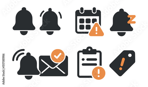 Two-Color vector icons of notifications and alerts: task reminder, daily notification, calendar alert, snooze icon. Priority ping, email follow-up, overdue task, urgent tag.
