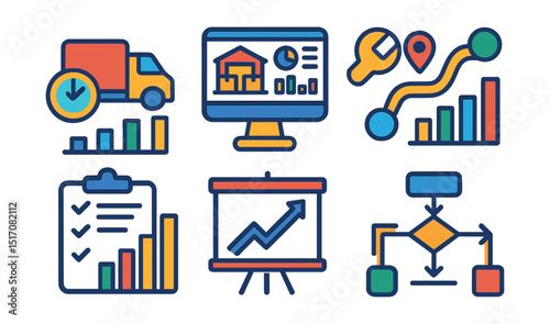Flat vector icons of supply chain and logistics analytics: delivery time graph, warehouse data dashboard, logistics optimization icon, route efficiency chart, inventory report, demand forecast,