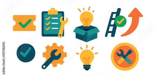 Flat vector icons of resolution and problem-solving: resolved ticket icon, fix checklist, solution delivered icon, troubleshooting gear, support ladder, escalation arrow, problem-solving lightbulb,