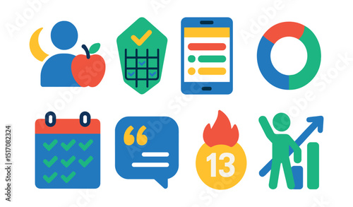 Flat vector icons of wellness, habits and consistency: healthy routine icon, habit tracker badge, daily log screen, wellness ring, consistency calendar, motivational quote icon, habit streak counter,