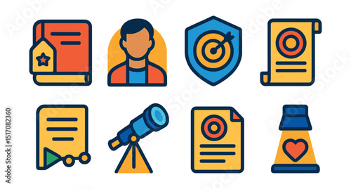 Flat vector icons of brand storytelling and vision: brand storybook icon, company history scroll, founder story, purpose badge, long-term vision icon, mission document, story timeline, values