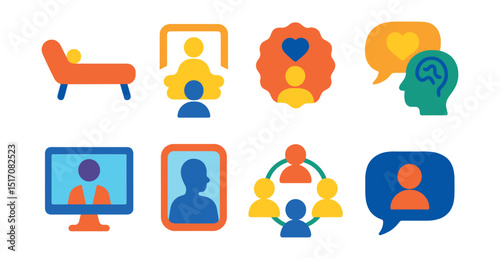 Flat vector icons of therapy and support in mindfulness: therapy couch icon, guided session symbol, self-help badge, mental health chat, online therapist screen, safe reflection icon, support network