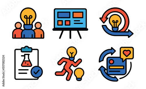 Flat vector icons of innovation in collaboration: innovation icon with team, digital prototype board, agile innovation cycle, experiment card, idea testing symbol, innovation sprint icon, feedback