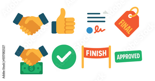 Flat vector icons of deal closing: success handshake, thumbs up, signed form, final price tag, handshake over money, goal checkmark, finish line, approved stamp.