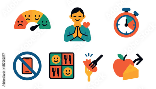 Flat vector icons of mindful and intuitive eating: hunger-fullness scale, mindful eating bell, gratitude before meals icon, slow eating timer, eating without distraction badge, food and mood chart,