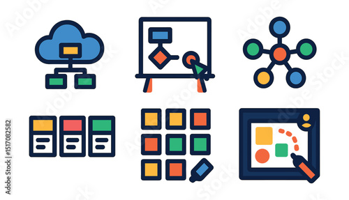 Flat vector icons of visual collaboration tools: diagram in cloud, flowchart icon, collaborative whiteboard, mind map UI, visual task cards, sticky note grid, visual marker tool, shared visual space.