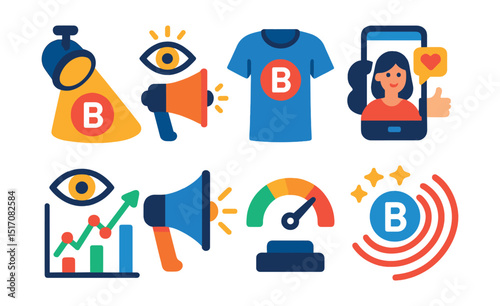 Flat vector icons of brand promotion and awareness: brand logo spotlight, awareness campaign icon, branded merchandise, influencer branded post, visibility tracker, brand voice loudspeaker,