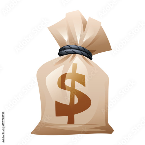 Money bag with dollar symbol, tied with rope, icon of bank robbery. Vector cartoon illustration