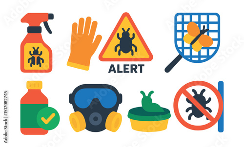 Flat vector icons of pesticide and protection: spray bottle, garden gloves, pest alert, insect netting, safe pesticide icon, protective mask, slug trap, bug barrier.