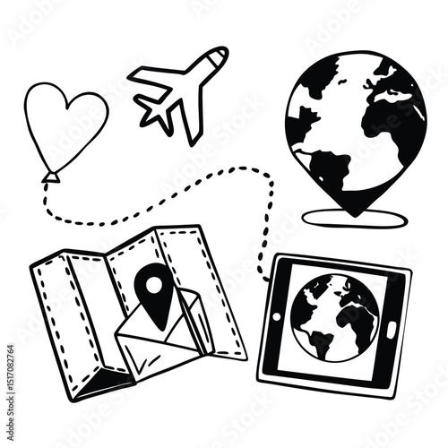 Long Distance Love Iong Map Video Call Heart Trail Vector Set
