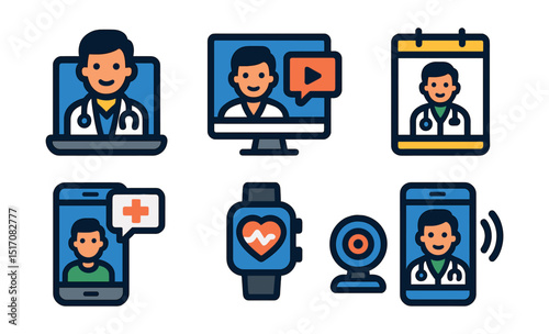 Flat vector icons of telemedicine: online doctor, video consultation, virtual appointment, e-prescription, health chat app, remote monitoring, webcam doctor, smartphone call.