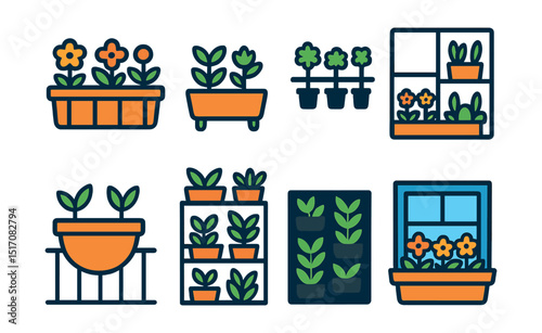 Flat vector icons of balcony and small space gardening: balcony garden box, compact planter, hanging herb rack, small-space layout, railing pot icon, vertical shelf garden, urban green wall, window