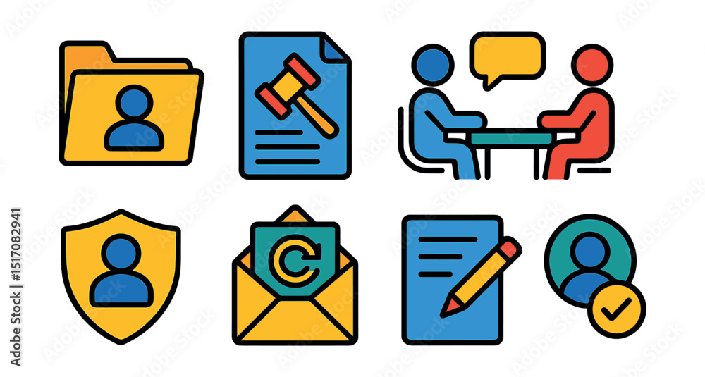 Fototapeta premium Flat vector icons of client services and representation: client folder, legal briefing, client consultation icon, service agreement, retained client badge, case update icon, document delivery, client