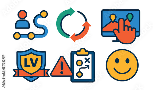 Flat vector icons of customer experience and retention: customer journey icon, retention loop, service touchpoint map, user experience icon, lifetime value badge, churn warning symbol, retention