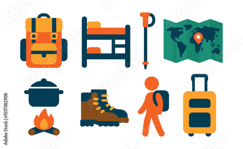 Flat vector icons of backpacking: trail pack, hostel bed, hiking pole, international map, outdoor cooking gear, travel boots, solo traveler icon, light luggage.