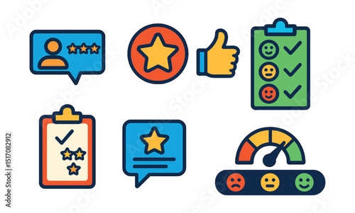 Flat vector icons of feedback and ratings: customer review icon, star rating badge, thumbs up/down, CSAT survey icon, post-service feedback, feedback message bubble, quality score meter, sentiment