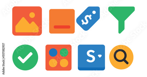 Flat vector icons of product listing: product thumbnail, item title, price tag, product filter, stock status, color options, size dropdown, quick view icon.