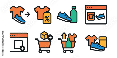Flat vector icons of cross-selling features: related product, combo offer, complementary item, “frequently bought together”, cross-sell section, extra add icon, cart upsell, bundle suggestion.