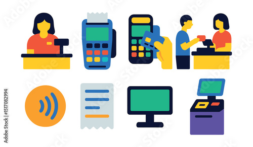 Flat vector icons of cashiers and checkout: cashier counter, POS machine, card reader, customer paying, contactless icon, receipt printout, digital screen, self-checkout.