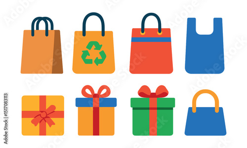 Flat vector icons of shopping bags and packaging: paper bag, eco tote, branded bag, checkout bag, product wrapping, gift wrap icon, box with ribbon, carry handle icon.