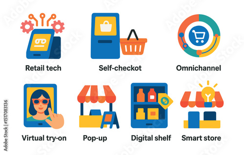 Flat vector icons of retail trends and innovations: retail tech icon, self-checkout trend, cashierless store, omnichannel badge, virtual try-on, pop-up trend, digital shelf, smart store.