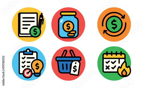 Flat vector icons of financial habits (in circles): daily spending log, savings jar, no-spend day, recurring income, goal tracker, smart purchase, planned shopping, habit streak.
