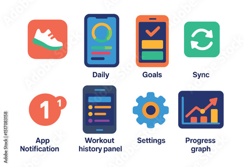 Flat vector icons of fitness tracking apps and dashboards: mobile fitness app icon, daily stats screen, goals dashboard, sync screen icon, app notification badge, workout history panel, app settings