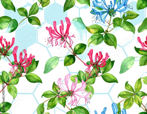 Floral pattern with pink, blue, and light-pink honeysuckle flowers on a light-blue honeycomb background