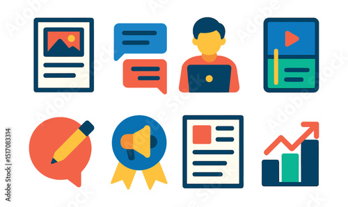 Flat vector icons of blogs and independent media: blog post icon, comment thread, blogger with laptop, personal media platform, writing bubble, independent voice badge, blog layout, trending post.