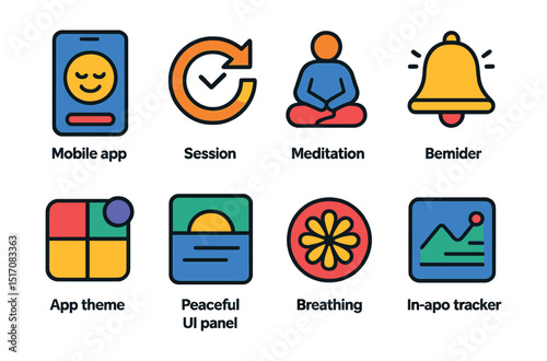 Flat vector icons of mindfulness apps and tools: mobile mindfulness app, session history icon, meditation guide, reminder bell icon, app theme selector, peaceful UI panel, breathing animation, in-app