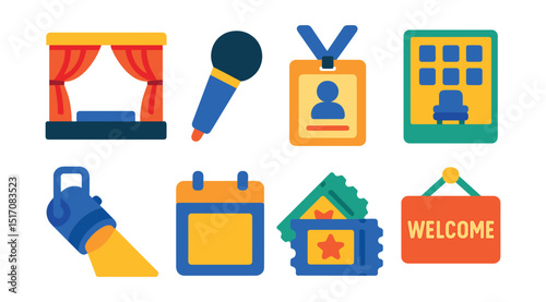 Flat vector icons of event services: stage, microphone, event badge, seating chart, spotlight, event calendar, tickets, welcome sign.