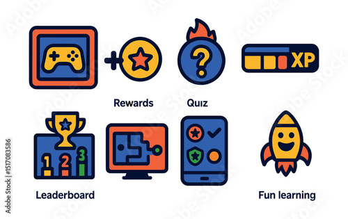 Flat vector icons of gamification and engagement: learning game icon, points and rewards, quiz streak badge, XP bar icon, leaderboard symbol, interactive challenge, badge collection screen, fun
