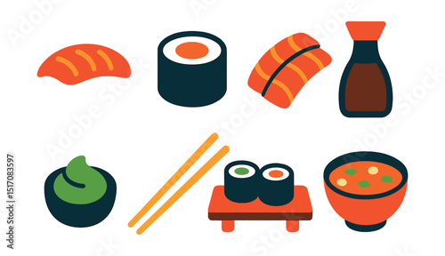 Flat vector icons of sushi and Japanese food: nigiri, maki roll, sashimi, soy sauce, wasabi, chopsticks, sushi tray, miso soup.