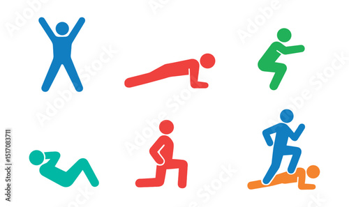 Flat vector icons of workout routines: jumping jacks, push-ups, squats, plank pose, crunches, lunges, high knees, mountain climbers.