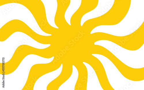 Yellow sun with wavy rays background. Poster with sunburst, sunrise or sunset in trendy 60 s 70s 80s groovy style. Preppy summer theme background. Modern psychedelic print. Vector flat illustration.