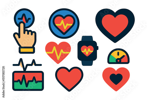 Flat vector icons of workout routines: jumping jacks, push-ups, squats, plank pose, crunches, lunges, high knees, mountain climbers.