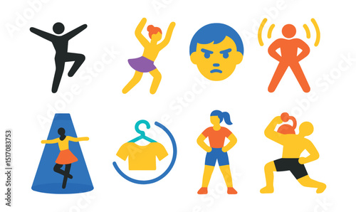 Flat vector icons of dancers and solo performers: silhouette dancer, solo routine, focused face icon, dancer’s energy, spotlight solo, personal style icon, power pose, training intensity.
