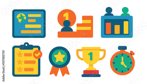 Flat vector icons of fitness leaderboards: global leaderboard, top performer icon, personal rank, friend leaderboard, weekly challenge board, rank badge, trophy icon, best time.