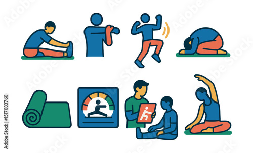 Flat vector icons of stretching routines: hamstring stretch, shoulder stretch, dynamic warm-up, cooldown pose, stretching mat, flexibility chart, guided stretch, yoga stretch.