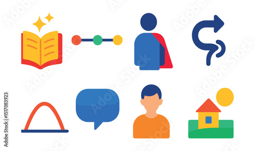 Flat vector icons of storytelling and narrative: open book with sparkles, timeline chart, hero icon, plot twist arrow, story arc curve, dialogue bubble, narrator icon, scene setting.