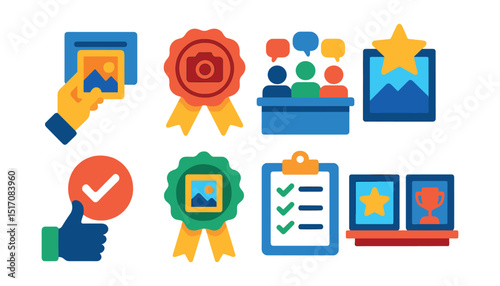 Flat vector icons of photo contests: photo submission, contest badge, judge panel, top entry, vote icon, finalist badge, contest rules, award gallery.