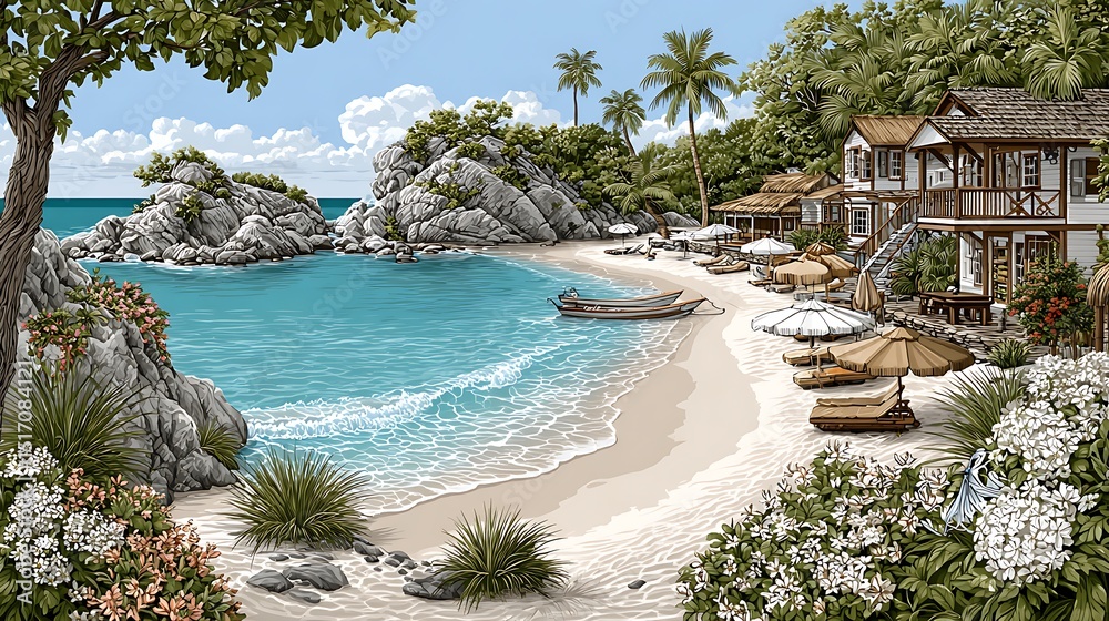 Naklejka premium Secluded bay with oceanfront villas lush gardens and tranquil turquoise waters high resolution image