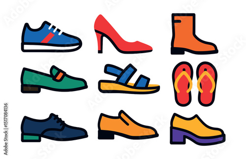 Flat vector icons of footwear and shoes: sneakers, heels, boots, loafers, sandals, flip flops, formal shoes, platform shoes.