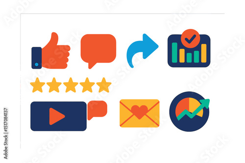 Flat vector icons of engagement and feedback: like icon, comment bubble, share arrow, viewer poll, rating stars, video reply, fan email, engagement tracker.