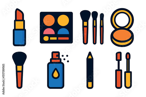 Flat vector icons of makeup and cosmetics: lipstick tube, makeup palette, brush set, compact powder, blush brush, setting spray, eyeliner pencil, lip gloss wand.