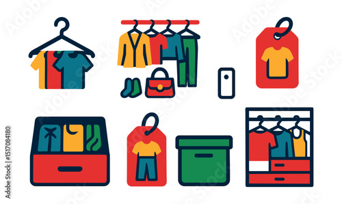 Flat vector icons of wardrobe organization: color code hanger, capsule wardrobe, seasonal bin, clothing label, drawer divider, outfit tag, storage box, minimalist closet.