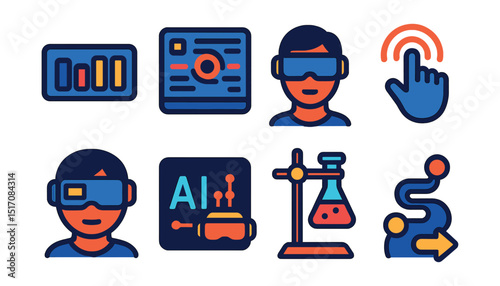 Flat vector icons of VR innovation and technology: tech progress bar, future interface symbol, wearable VR innovations, new input methods, mixed reality hybrid, AI + VR icon, experimental setup,