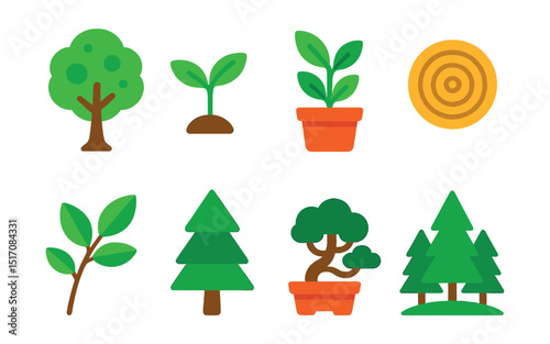 Flat vector icons of plants and trees: leafy tree, young sprout, plant in pot, tree ring icon, branch with leaves, evergreen tree, bonsai icon, forest growth.