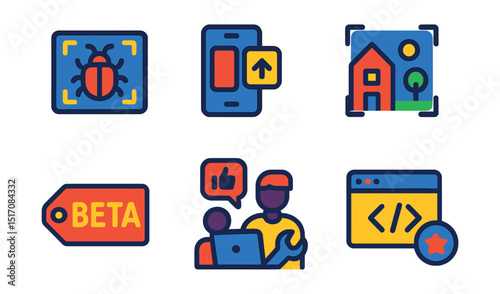 Flat vector icons of AR testing and prototyping: AR bug report icon, prototype screen with overlay, test scene icon, beta version tag, user testing icon, bug fix wrench, feedback popup, live debug