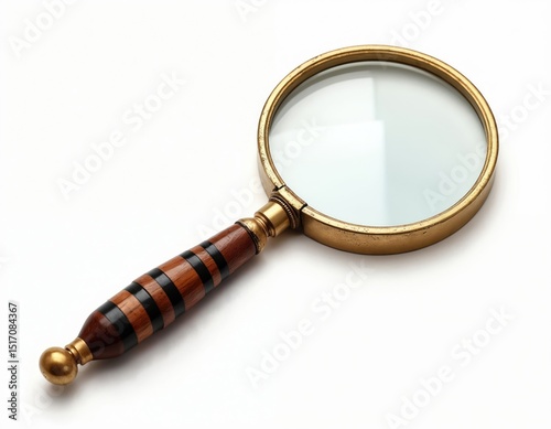 Vintage magnifying glass on white background. Classic, antique instrument with wooden handle, golden rim. Perfect for research, study, analysis, investigation. Object for discovery.